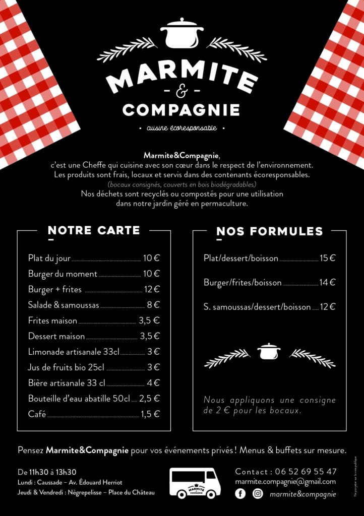 Menu écoresponsable Marmite & Compagnie : burgers, plats du jour et boissons locales servis en food truck.