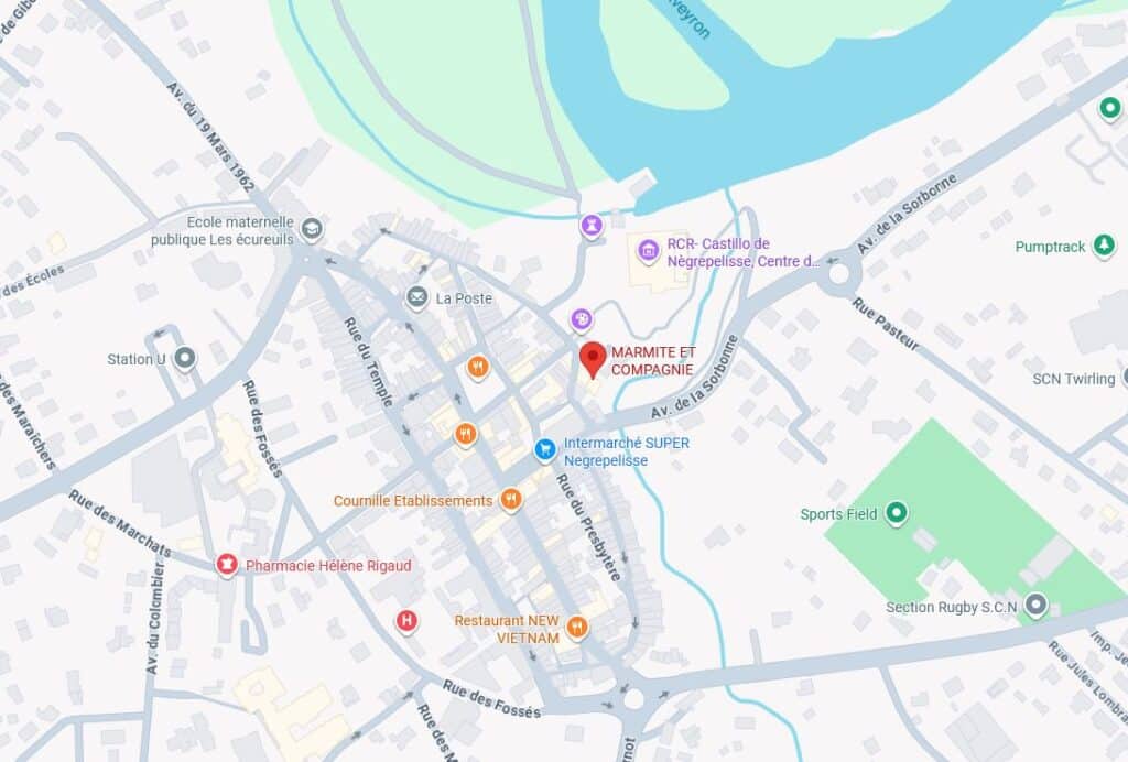 Carte de Nègrepelisse et restaurant Marmite et Compagnie Plan de Nègrepelisse situant le restaurant Marmite et Compagnie et les commerces du centre-ville.